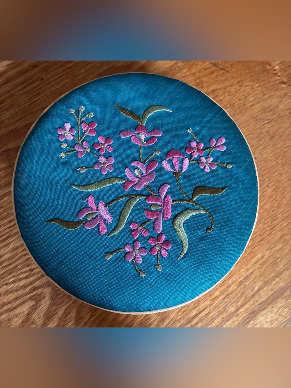 Hand Embroidered Floral Trinket Box - Teal & Pink